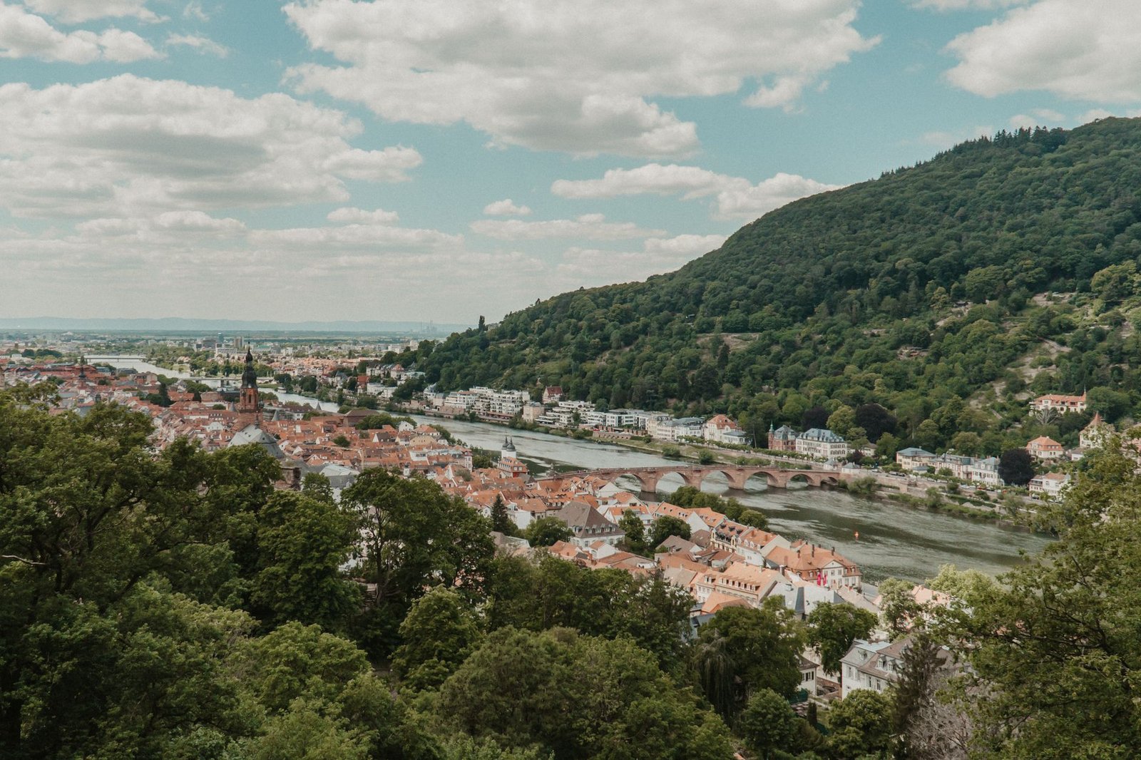 Aerial view of Heidelberg, Germany with Neckar River and hills in summer.